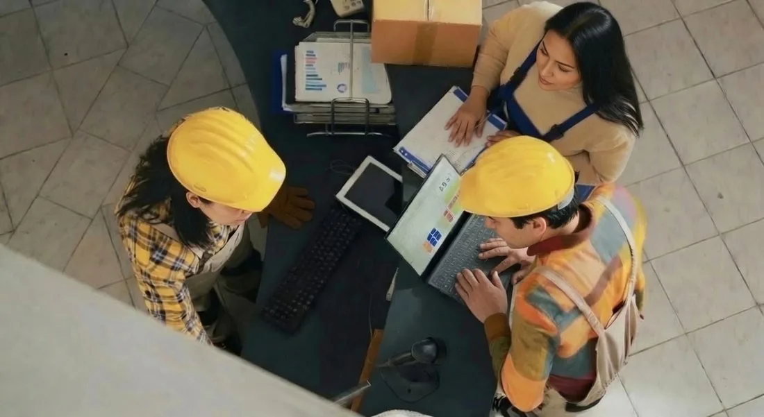 Two workers in hard hats reviewing data on a laptop, seen from above